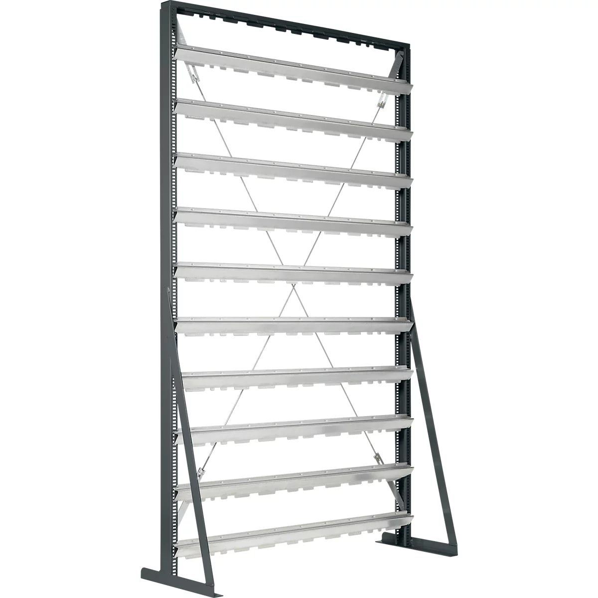 Hoog, vrijstaand metalen rek met meerdere horizontale opslagplanken op een witte achtergrond.