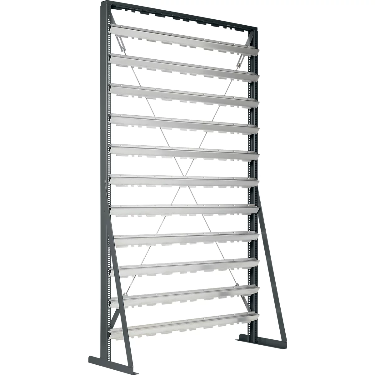 Hoog, vrijstaand metalen rek met meerdere horizontale opslagniveaus op een lichte achtergrond.