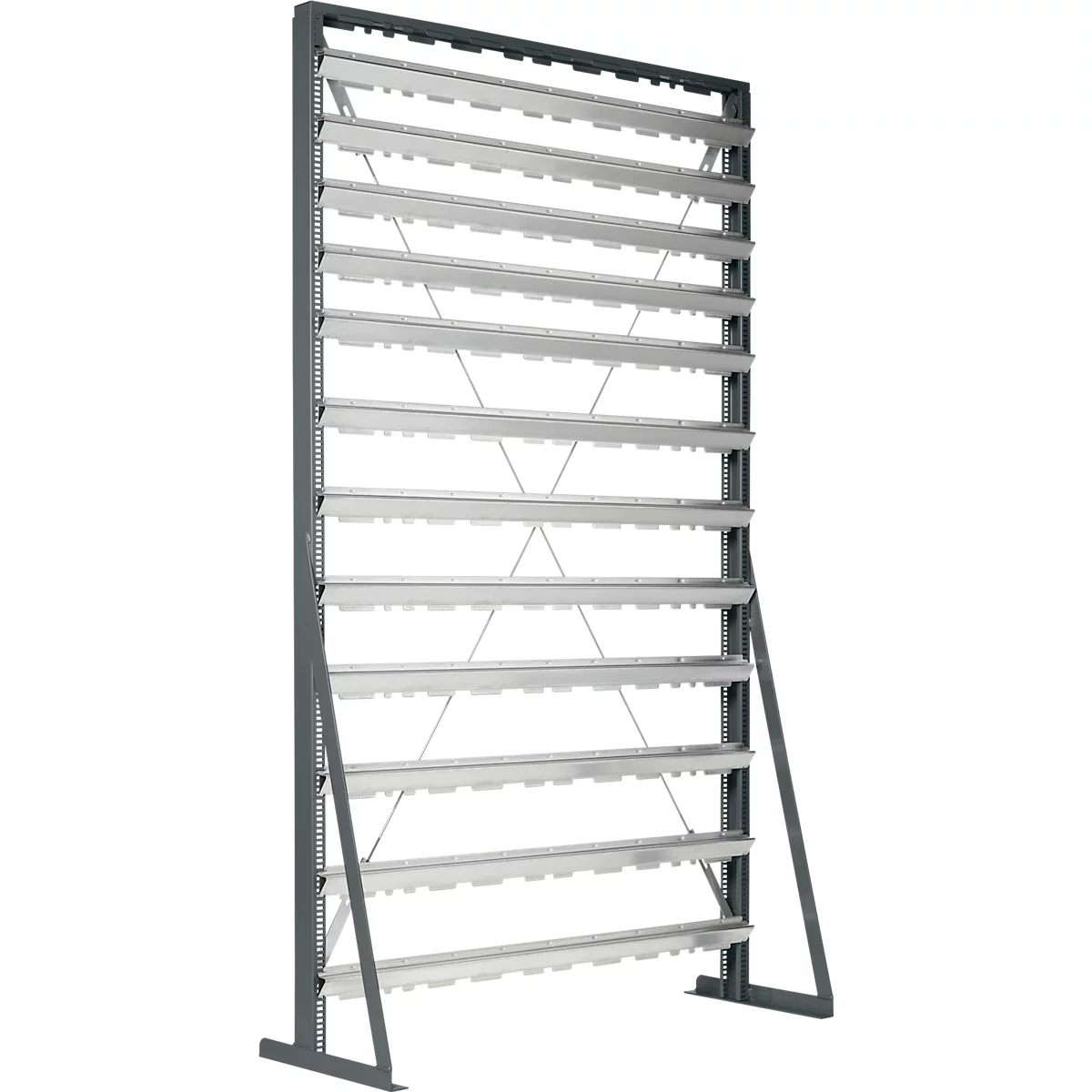 Hoog, vrijstaand metalen rek met grijze zijframes en zilverkleurige horizontale steunrails.