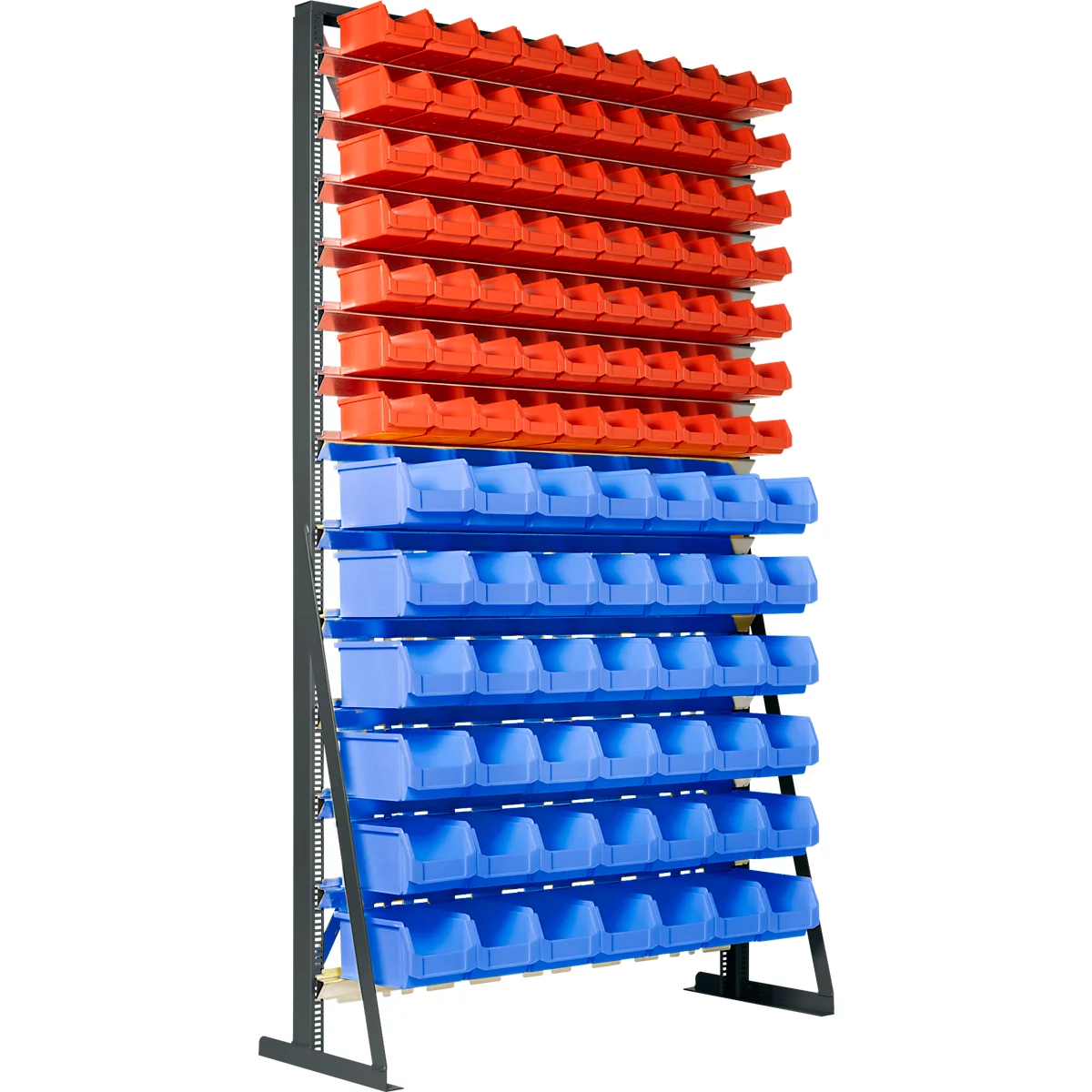 Een zwart metalen rek met meerdere rijen rode en blauwe kunststof magazijnbakken.