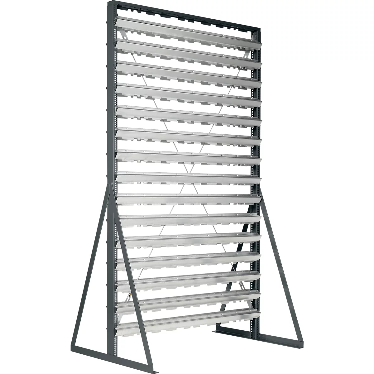 Vrijstaand metalen rek met meerdere horizontale steunrails op een grijs frame.