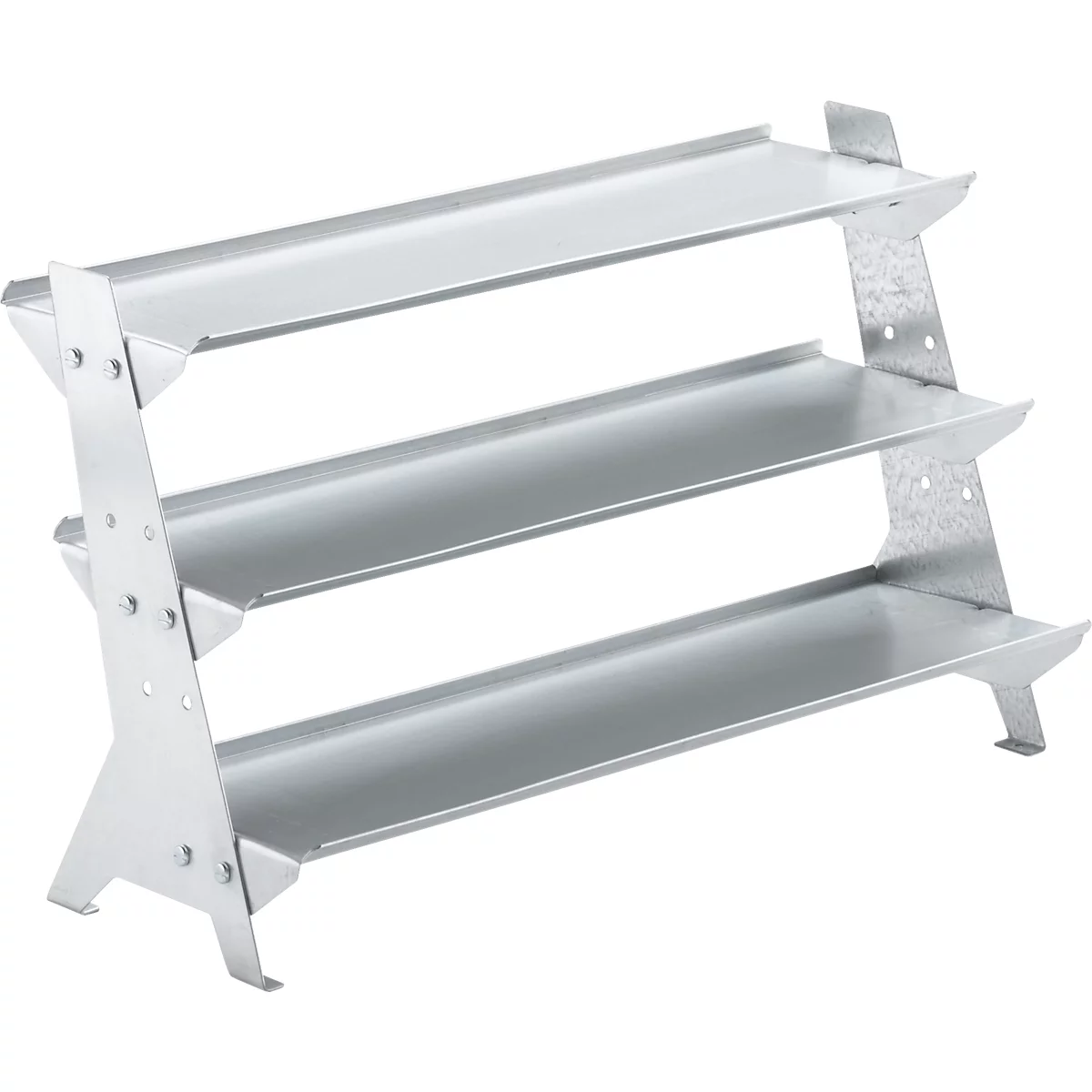 Drie niveaus zilveren metalen schoenenrek. Open ontwerp, schuine zijsteunen.