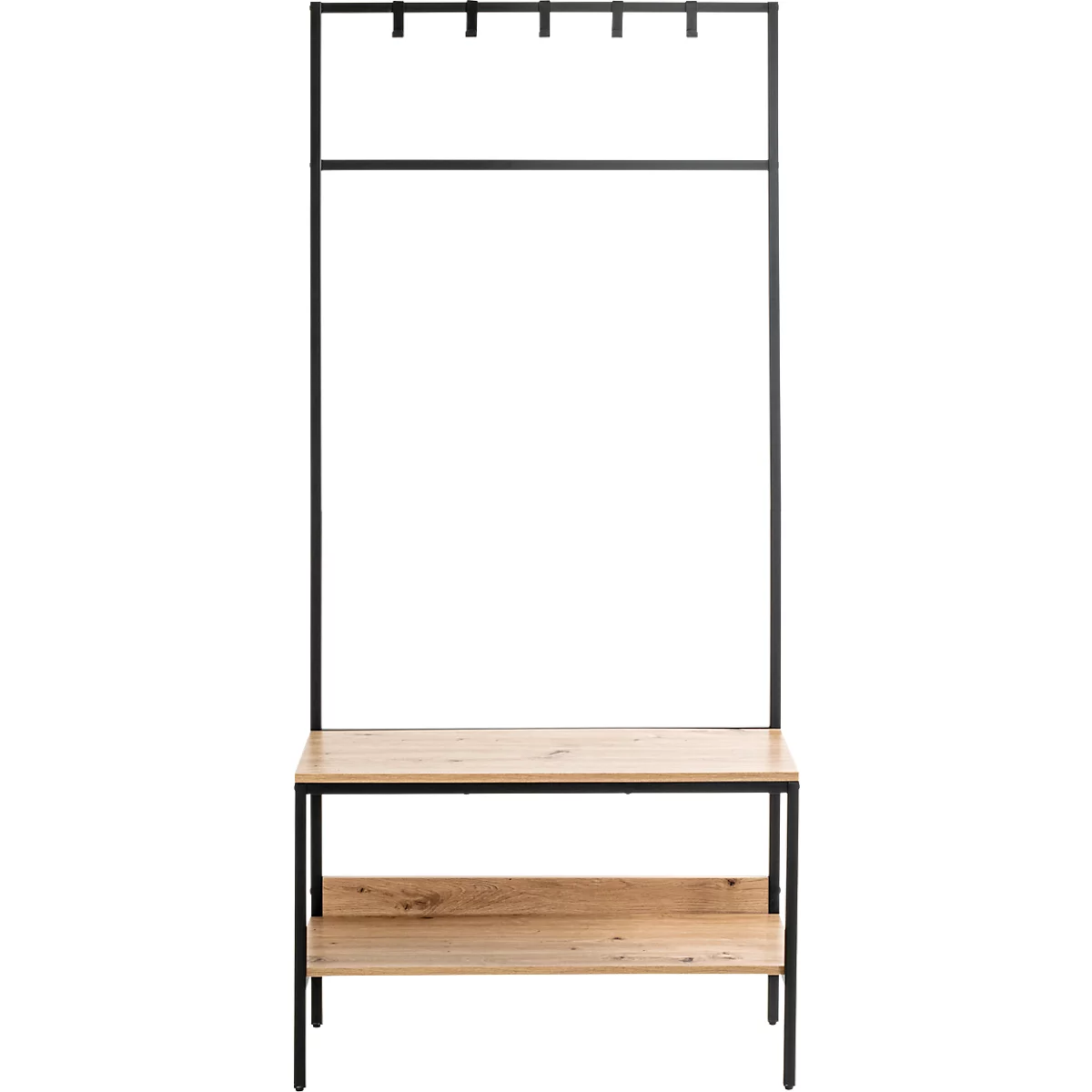 Metal en houten kapstok. Haken boven, kledingrek eronder, twee planken eronder.
