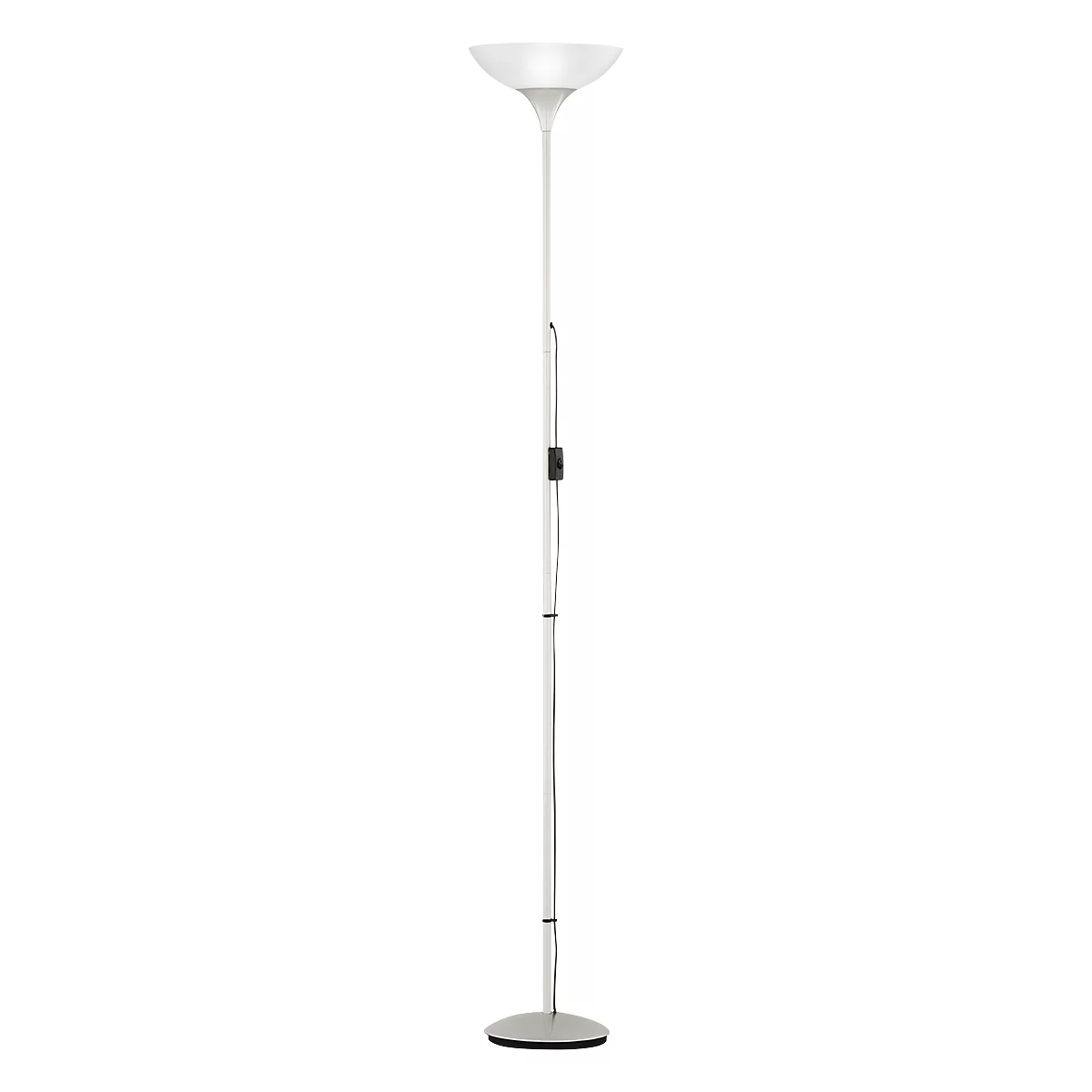 Vloerlamp met witte kap, slanke steel en ronde voet.