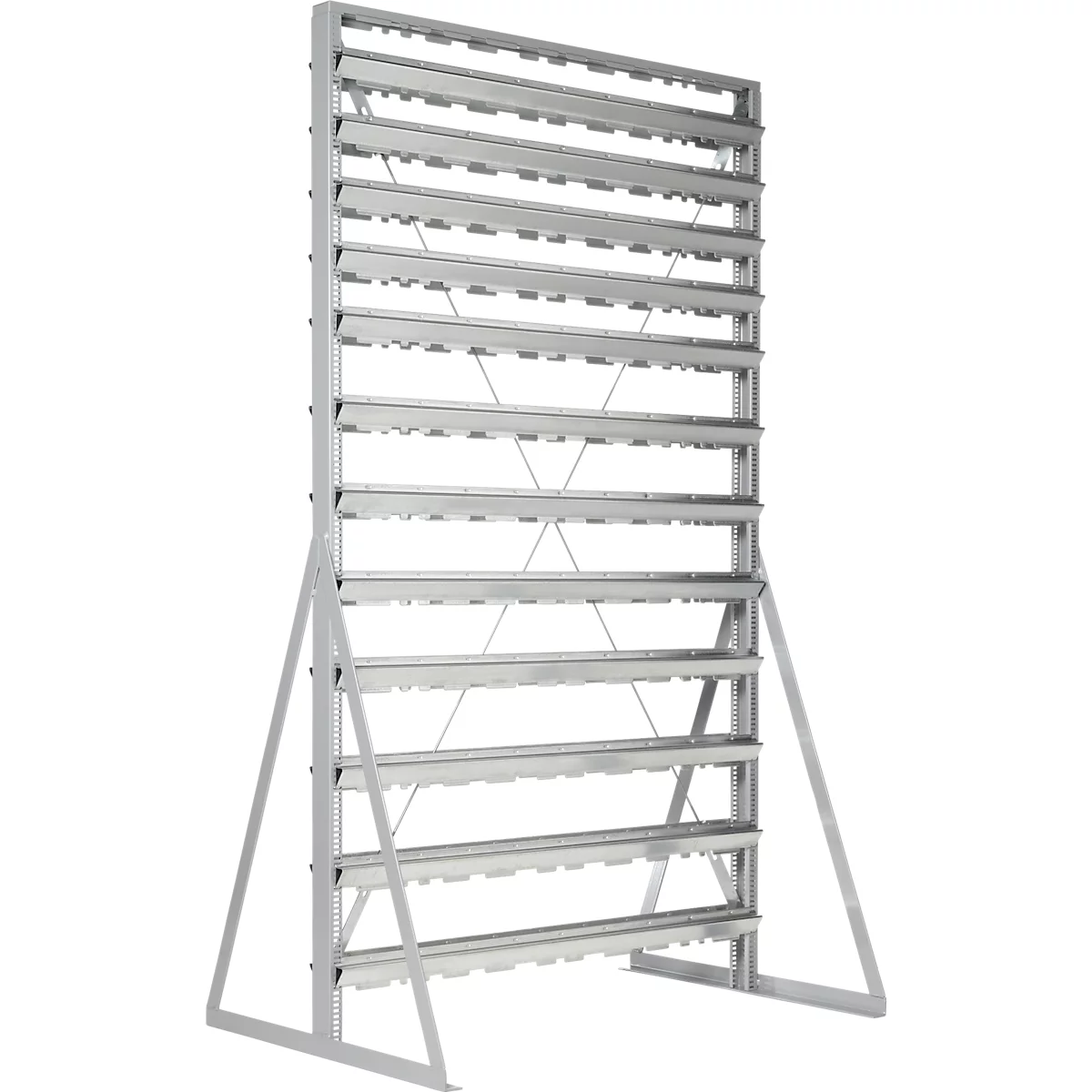 Staande legborden, aan 2 zijden te monteren, 13 rijen, zonder open voorraadbakken, B 1145 x D 800 x H 1950 mm, staal, grijs