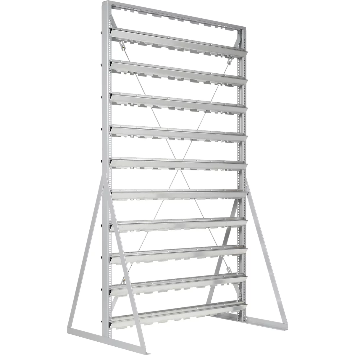 Staande legborden, aan 2 zijden te monteren, 20 rijen, zonder open opzetbakken, B 1145 x D 800 x H 1950 mm, staal, grijs
