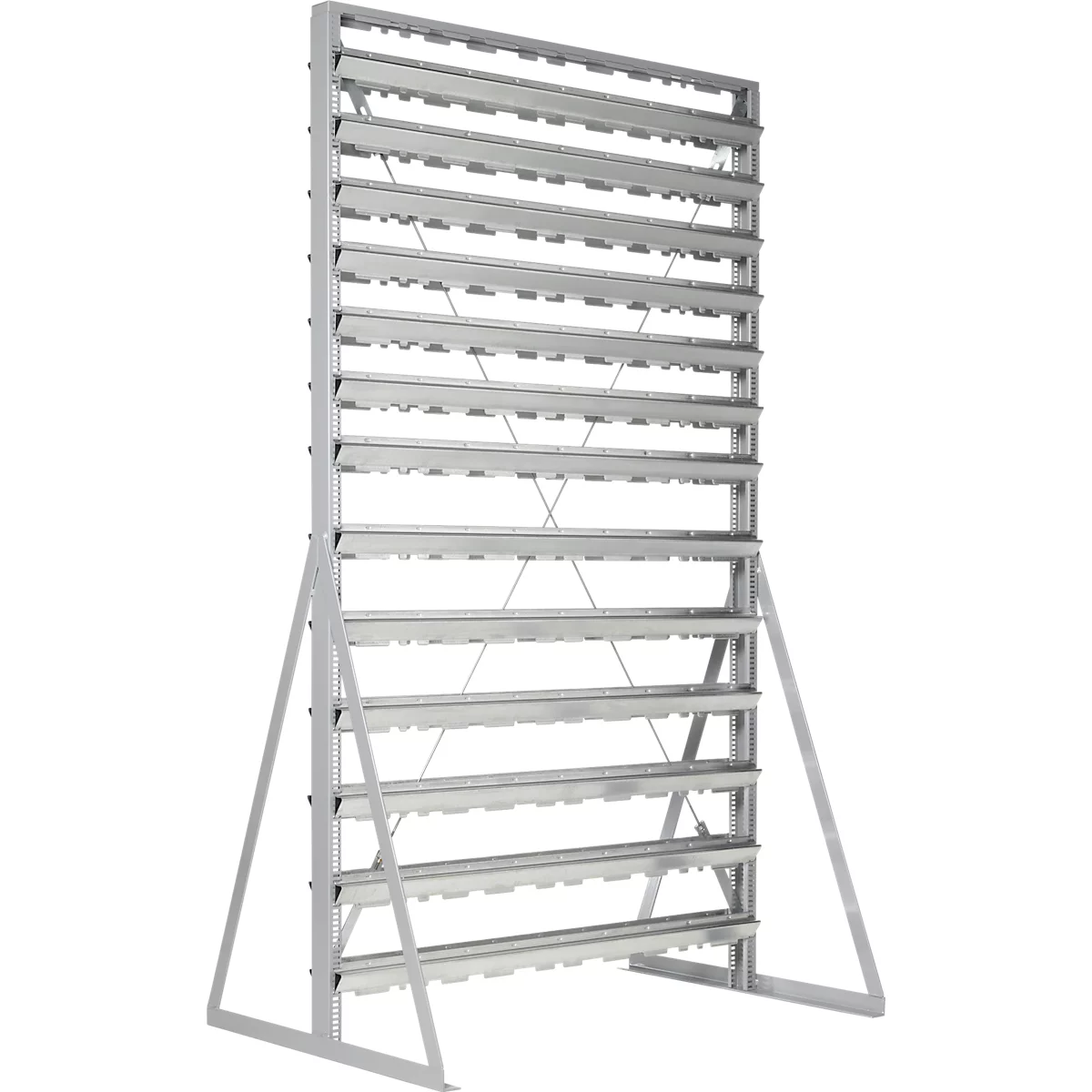 Staande legborden, aan 2 zijden te monteren, 26 rijen, zonder open opzetbakken, B 1145 x D 800 x H 1950 mm, staal, grijs
