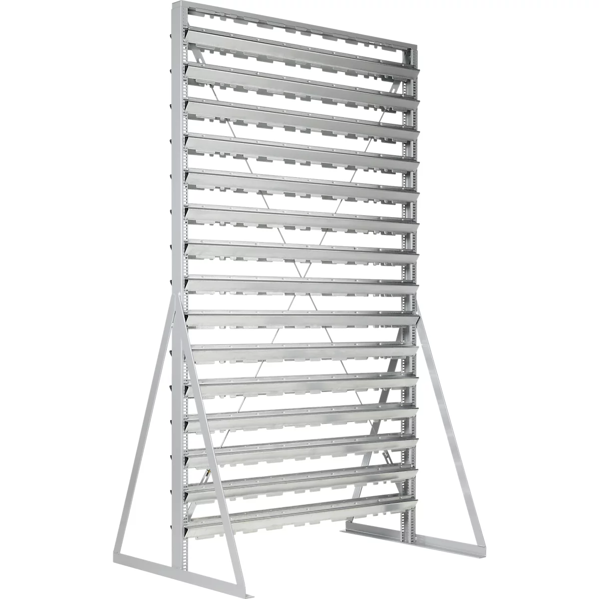 Staande legborden, aan 2 zijden te monteren, 30 rijen, zonder open front magazijnbakken, B 1145 x D 800 x H 1950 mm, staal, grijs