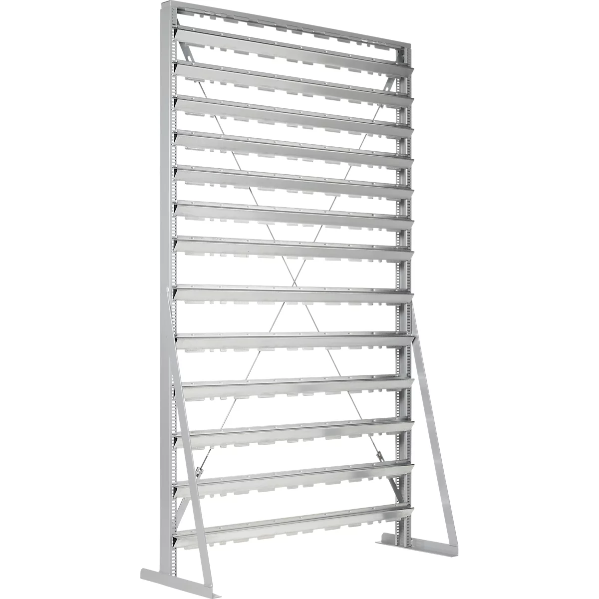 Staande rek, aan 1 zijde te monteren, 13 rijen, zonder open front magazijnbakken, B 1145 x D 400 x H 1950 mm, staal, grijs