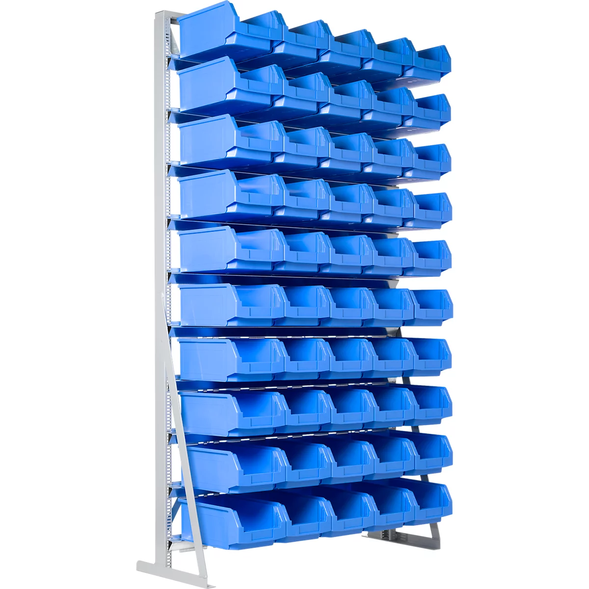 Een blauw rek met veel kleine vakken. Het frame is zilvergrijs. De bakken zijn leeg.