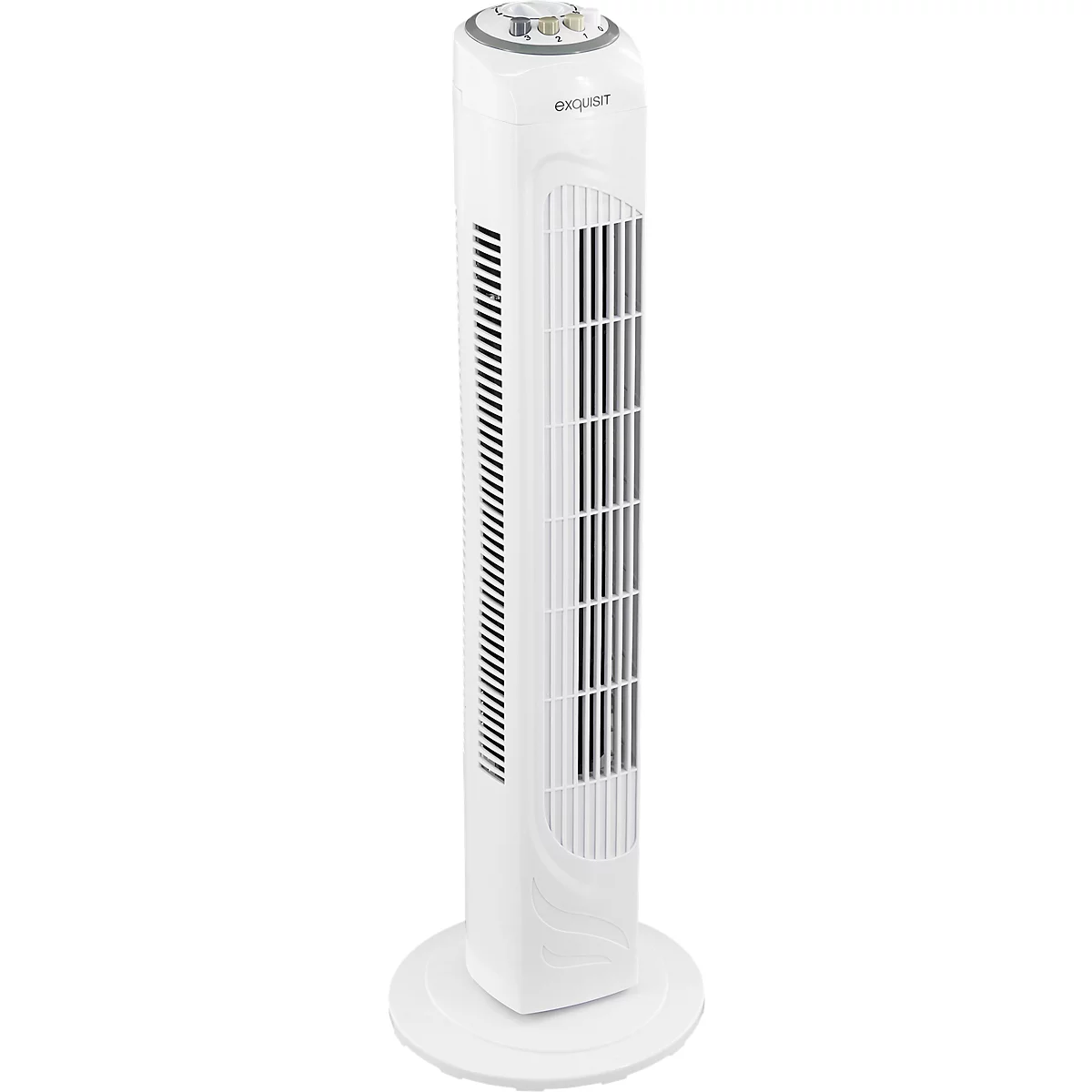 Witte torenventilator met ronde voet. Voorkant met lamellen, bedieningselementen bovenaan.