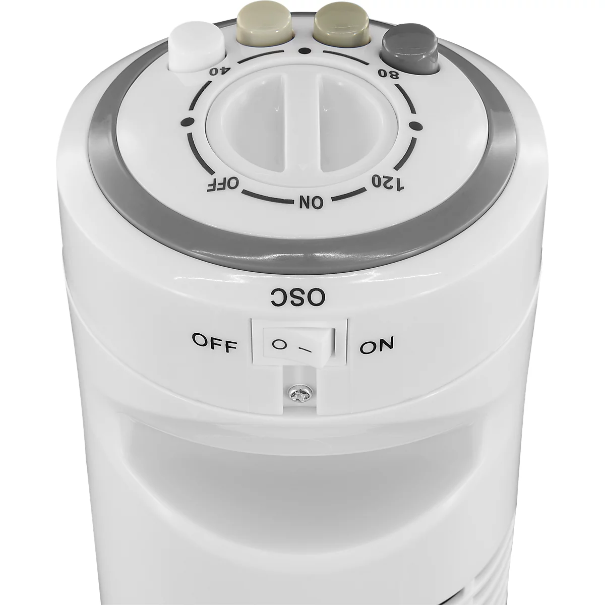 Close-up van een wit apparaat met knoppen, schakelaars en draaiknoppen. Er zijn tijdgemarkeerde knoppen aan de bovenkant en een schakelaar met de labels "OFF" en "ON".