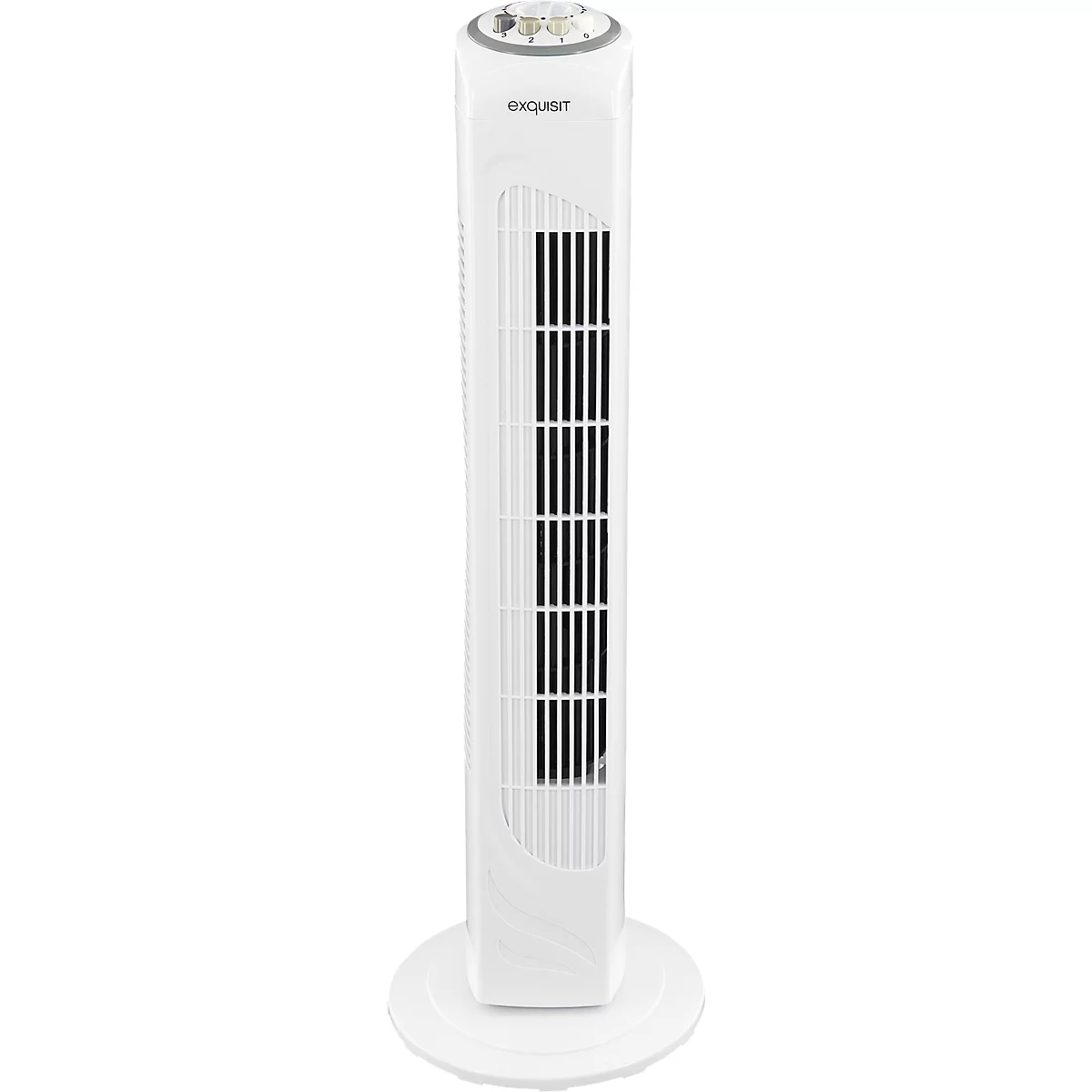 Witte torenventilator met zwart rooster en ronde voet, de basis van de ventilator heeft een ronde vorm.