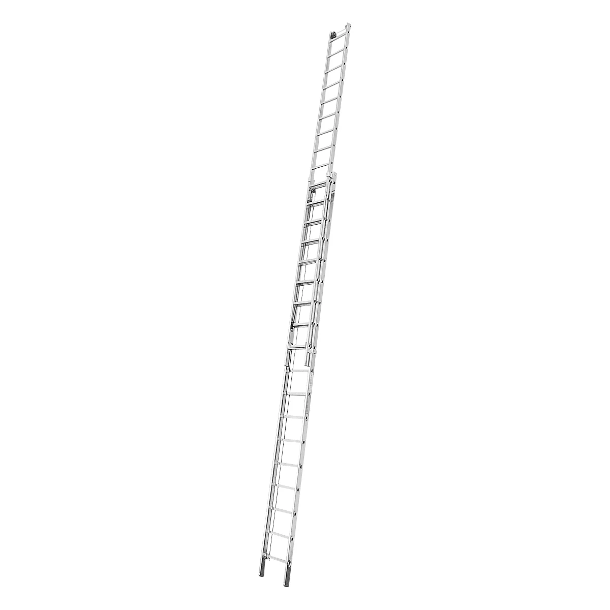An aluminium ladder that can be extended in the upper half. It stands diagonally against a white background.
