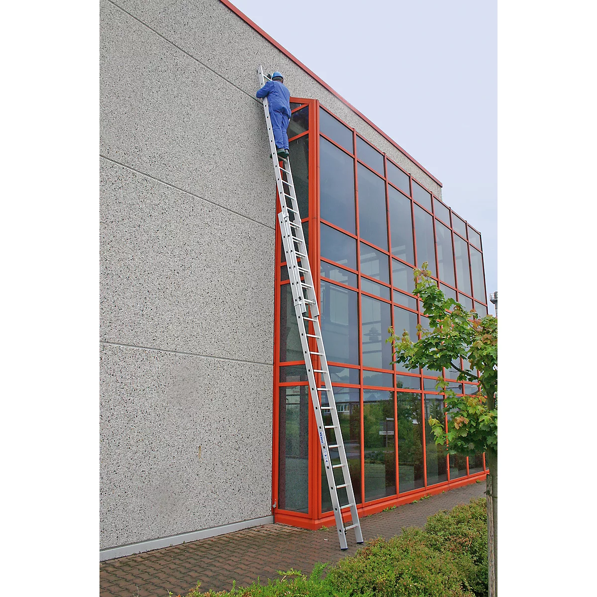 A man in blue overalls climbs a ladder on a building.