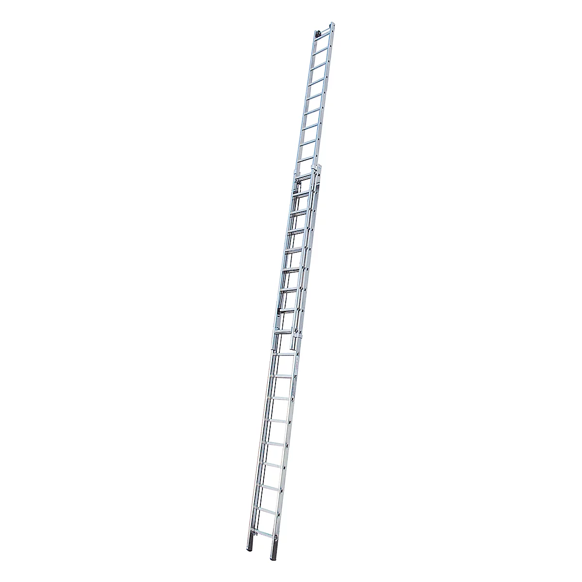 A silver, extendable ladder standing against a white background.