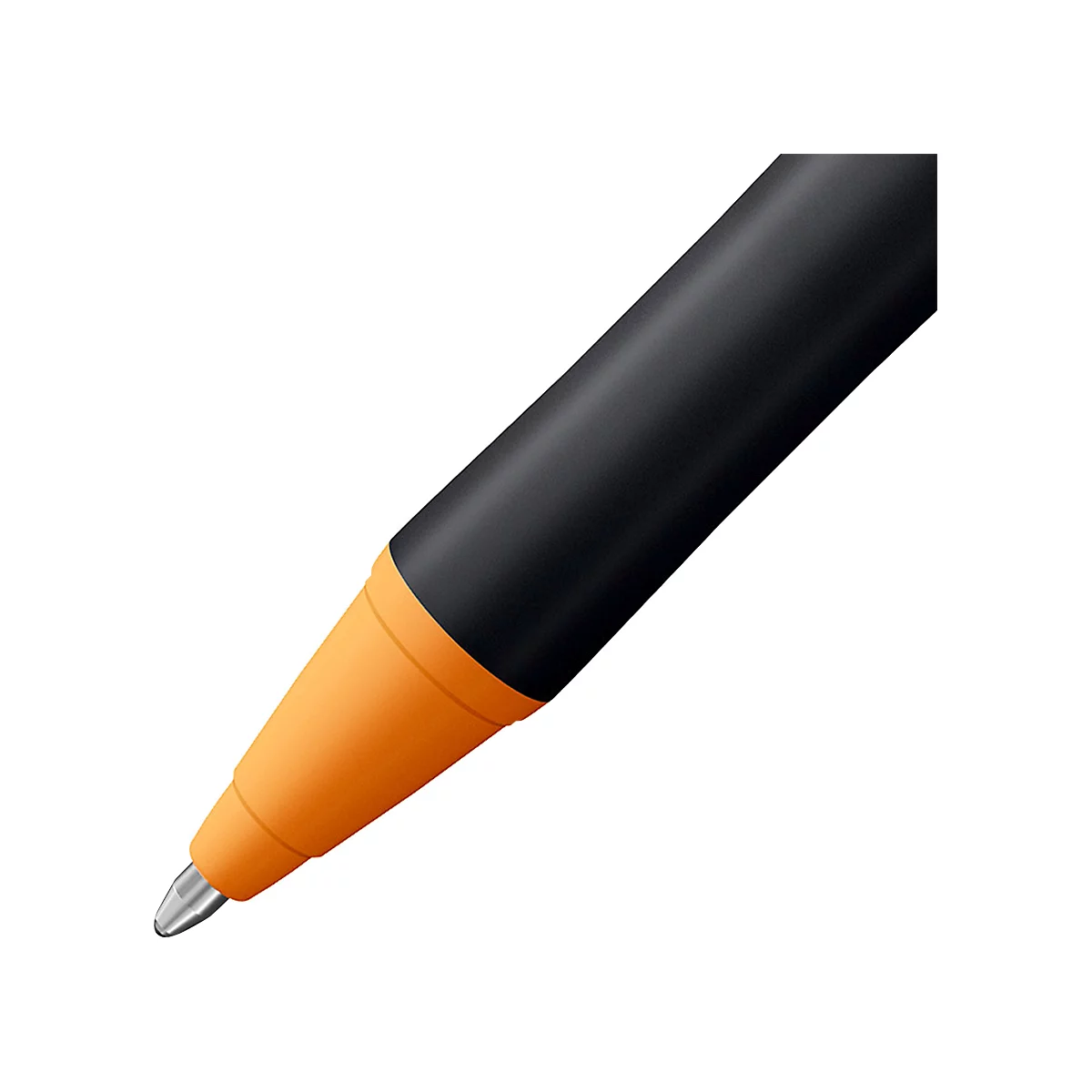 Close-up van een pen. Zwarte schacht, oranje punt, zilveren penpunt.