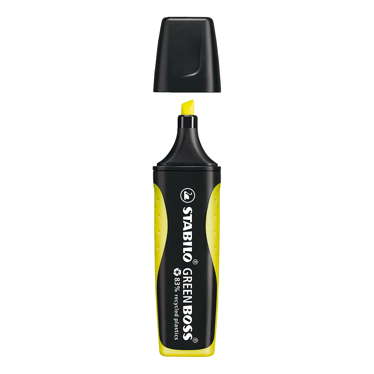 Gele markeerstift, merk Stabilo Green Boss. Zwarte dop ligt ernaast. Bedrukt: "83% recycled plastics".