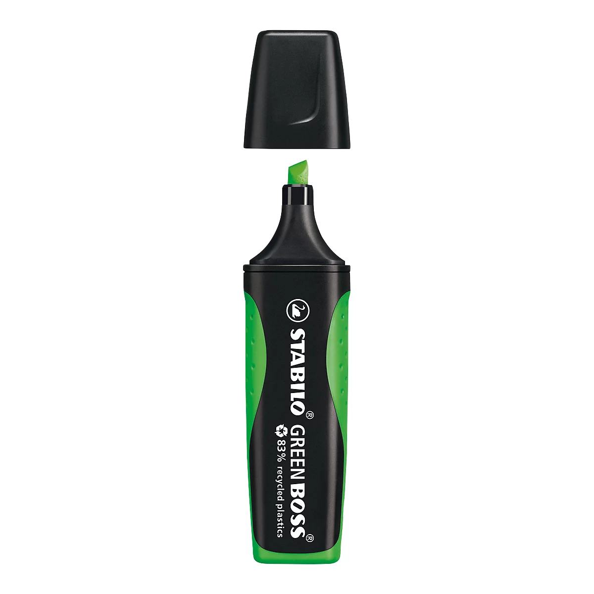 Groene markeerstift "Stabilo Green Boss" met zwarte dop, op een witte achtergrond. 83% gerecycled plastic.