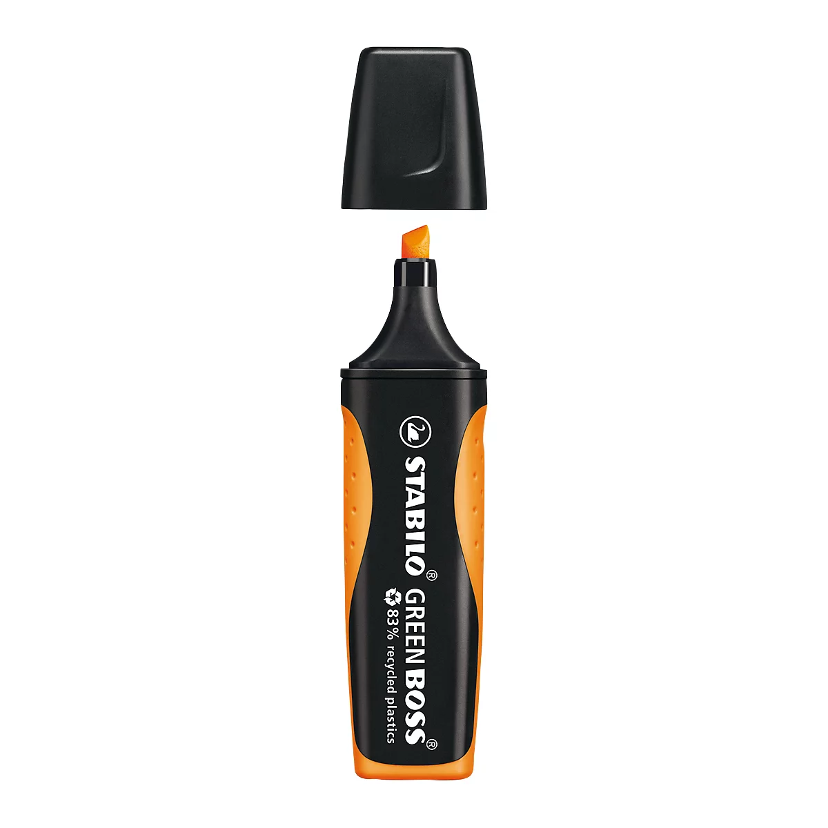 Een oranje markeerstift met een zwarte behuizing en dop. De marker is voorzien van de tekst "STABILO GREEN BOSS".