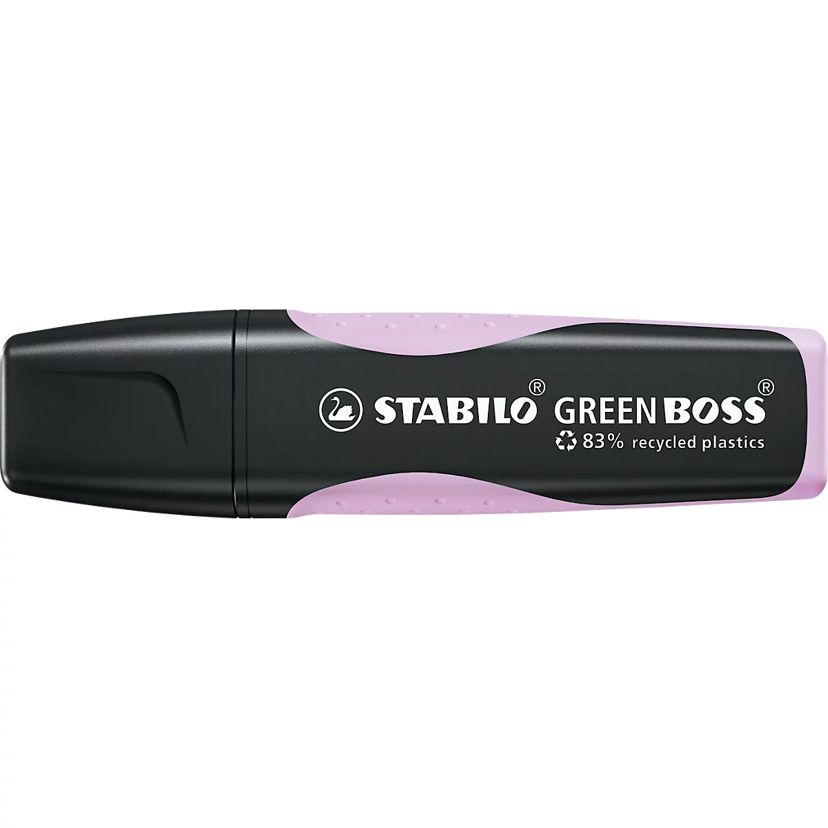 Een paarse markeerstift met zwarte behuizing, merk Stabilo Green Boss. Inscriptie: 83% gerecycled plastic.