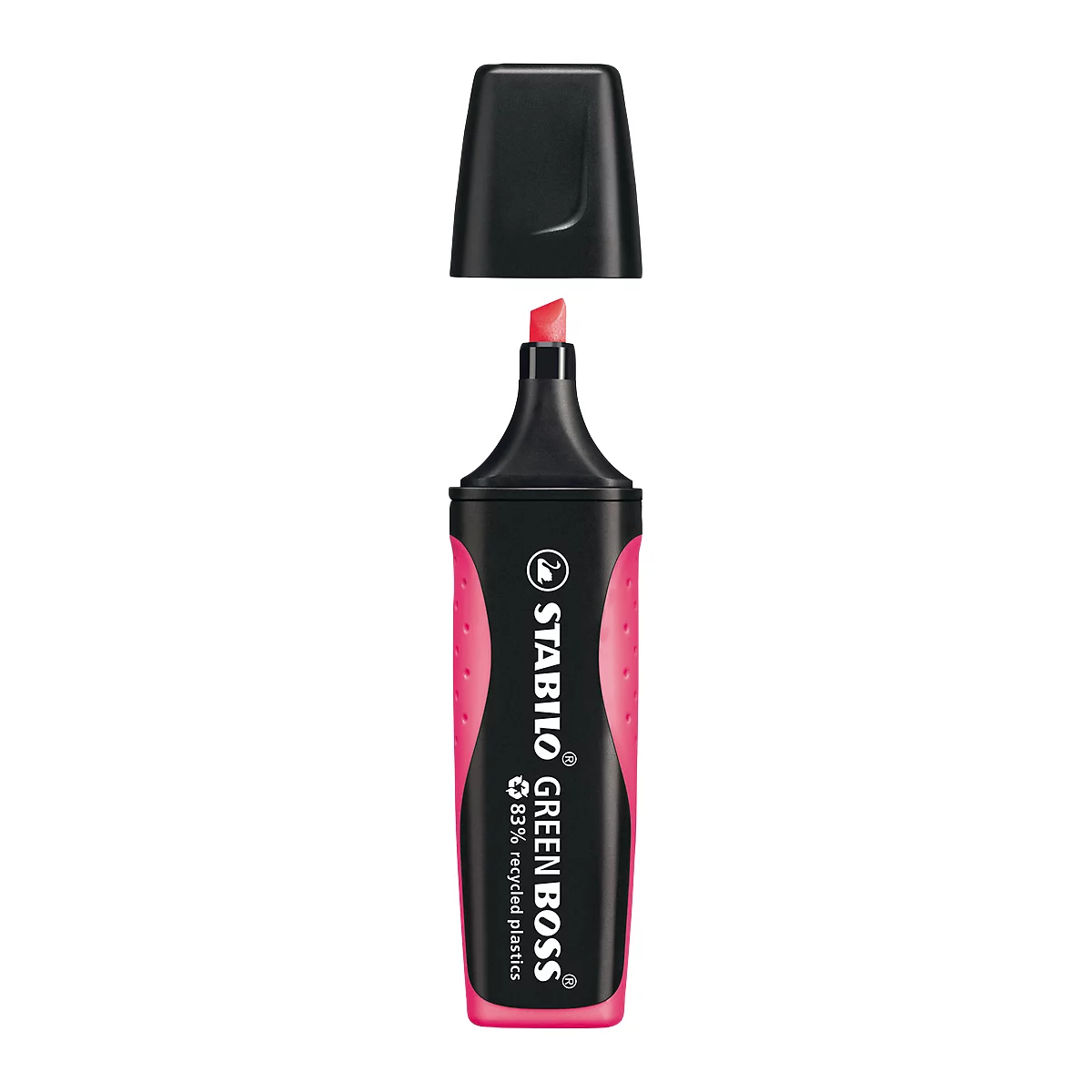 Een roze Stabilo Green Boss markeerstift, met een zwarte behuizing en de dop verwijderd.
