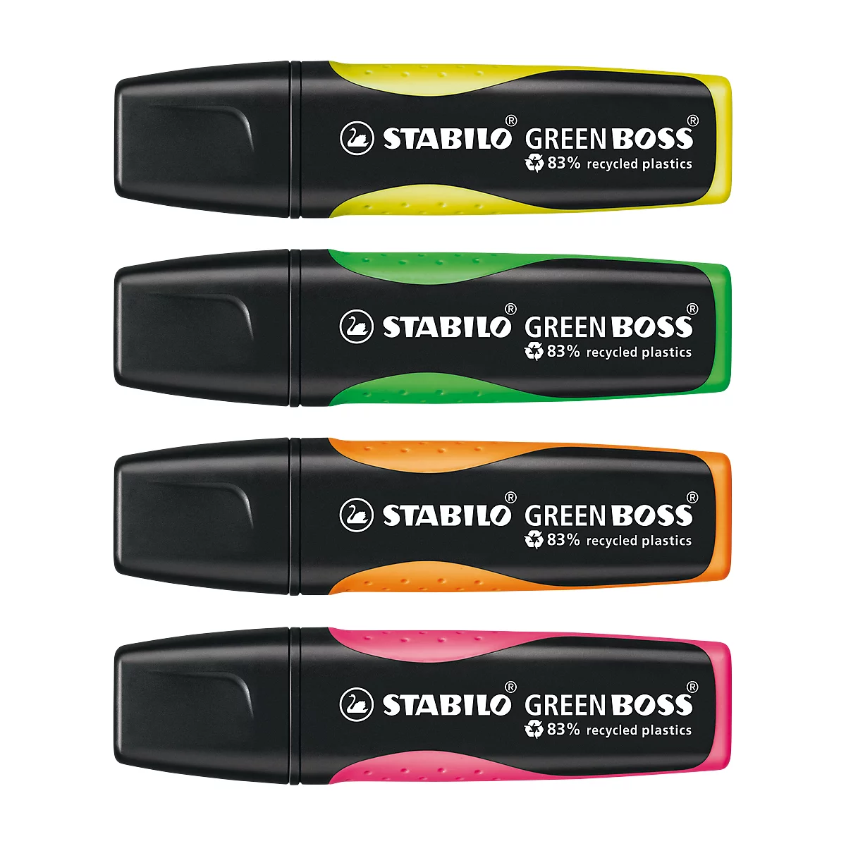 Vier Textmarker in Gelb, Grün, Orange und Pink mit schwarzer Kappe, der Marke Stabilo Green Boss.
