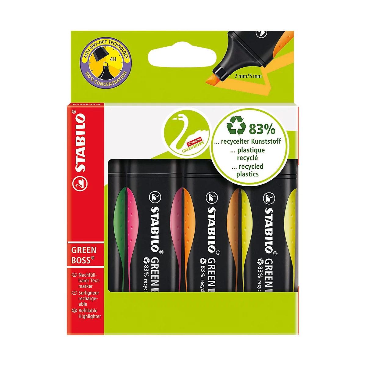 Een pakje markeerstiften, met verschillende kleuren. Logo's van STABILO en milieuvriendelijke materialen zijn te zien op de verpakking.
