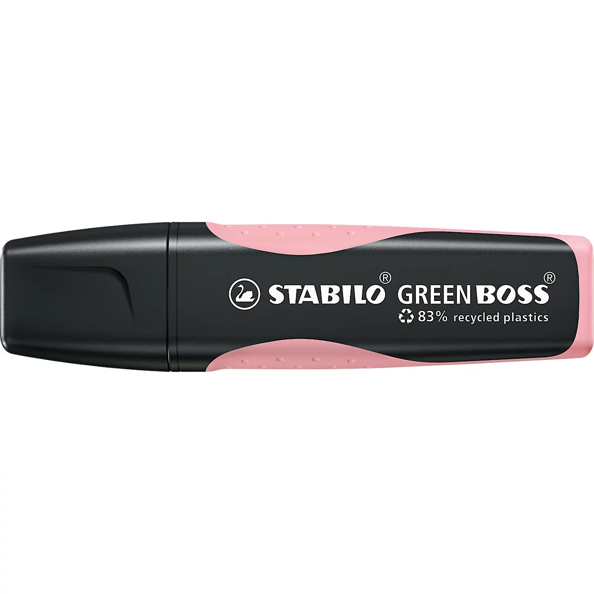 Un surligneur rose de Stabilo Green Boss avec un boîtier noir.