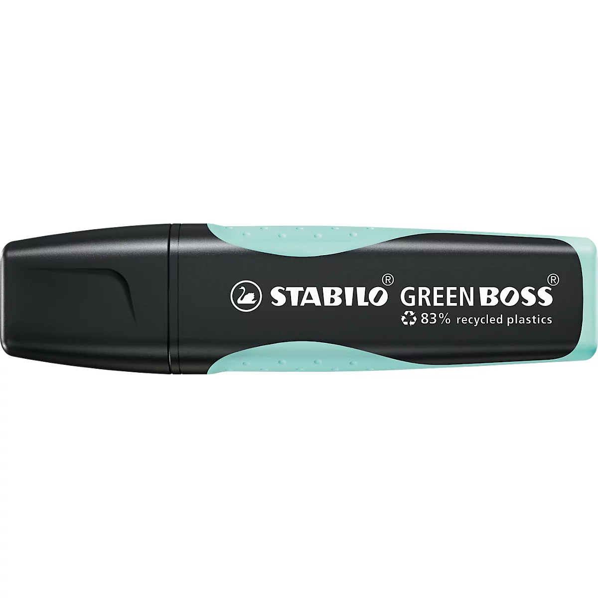Un surligneur noir avec des accents turquoise. Inscription : STABILO GREEN BOSS, 83% de plastique recyclé.