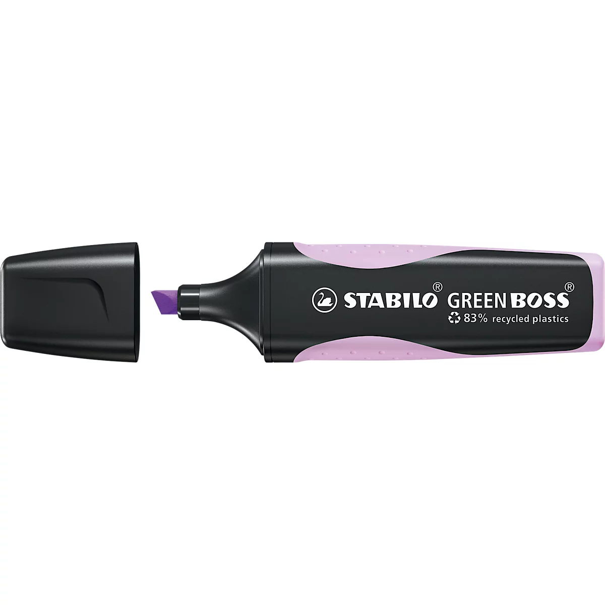 Un surligneur noir à moitié ouvert. Le stylo a une pointe violette et l'inscription STABILO GREEN BOSS.
