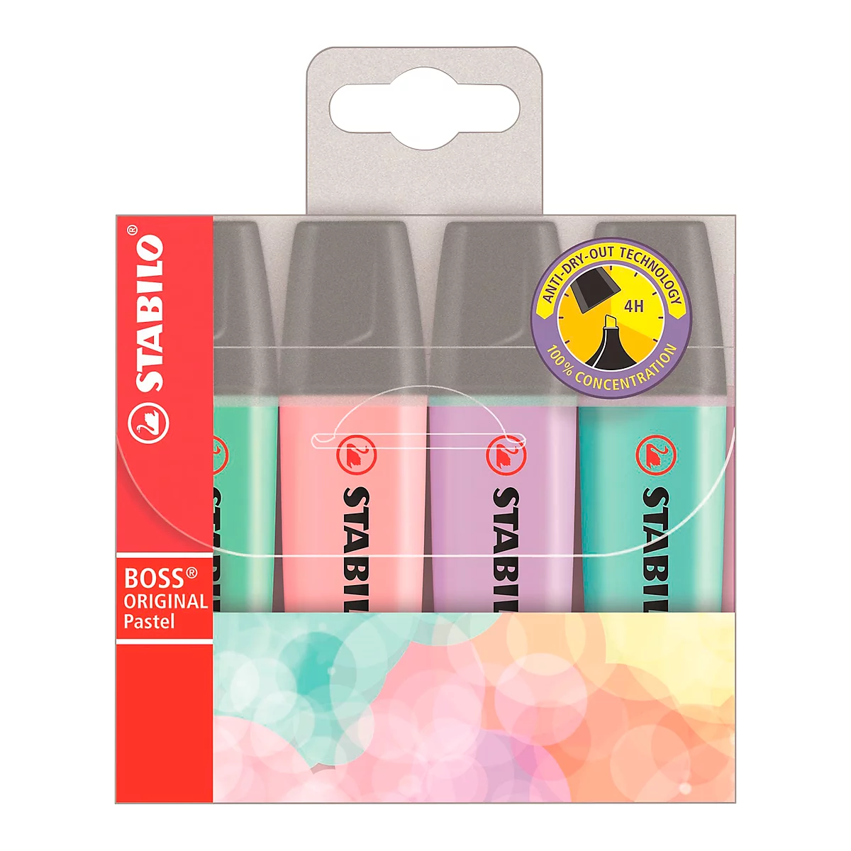Stabilo® Boss Original Pastel markeerstift, lijndikte 2 mm/5 mm, pastelkleuren, etui met 4 stuks