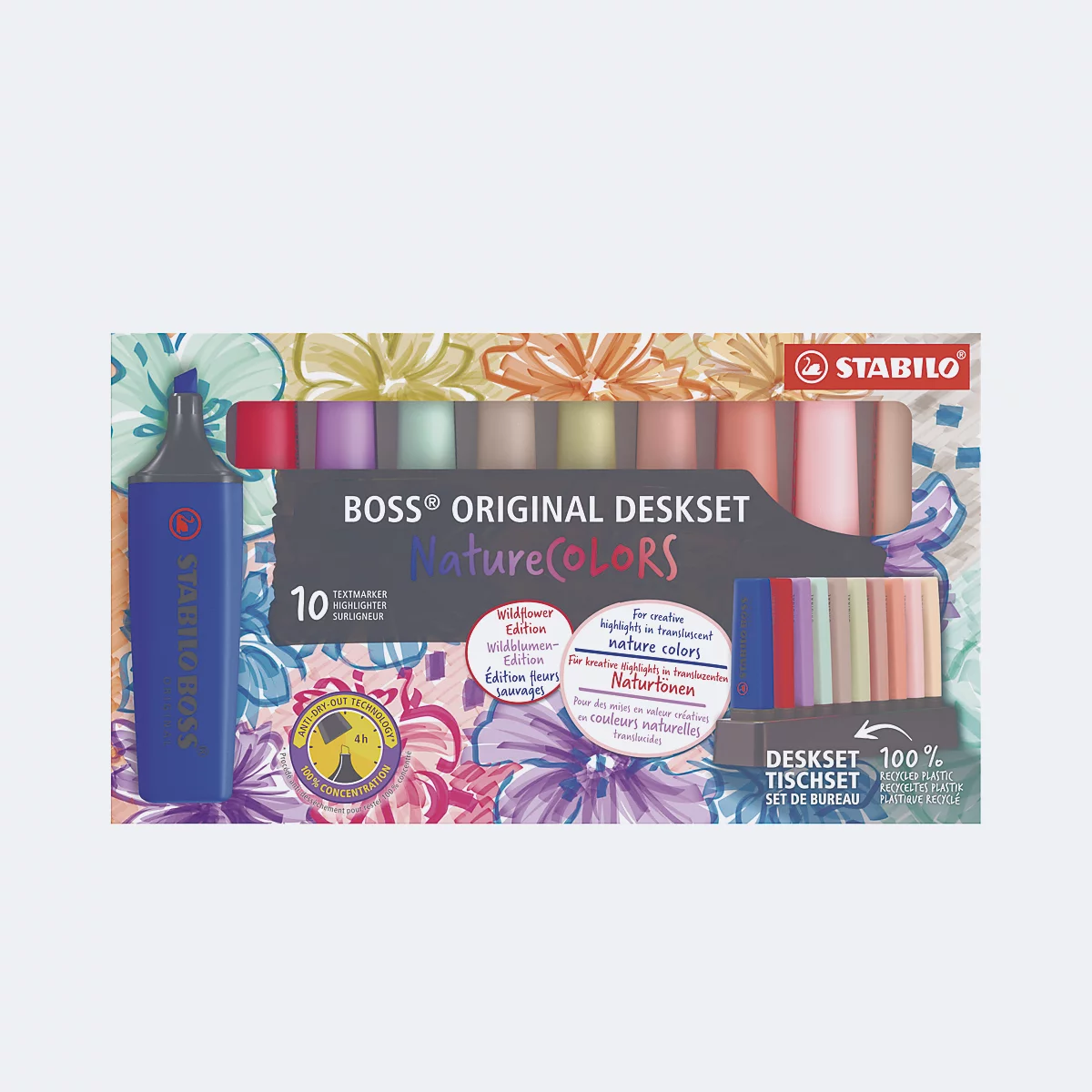 Ein Schreibtischset von Stabilo Boss Nature Colors mit 10 Textmarkern und einem blauen Textmarker. Aufschrift: Boss Original Deskset.