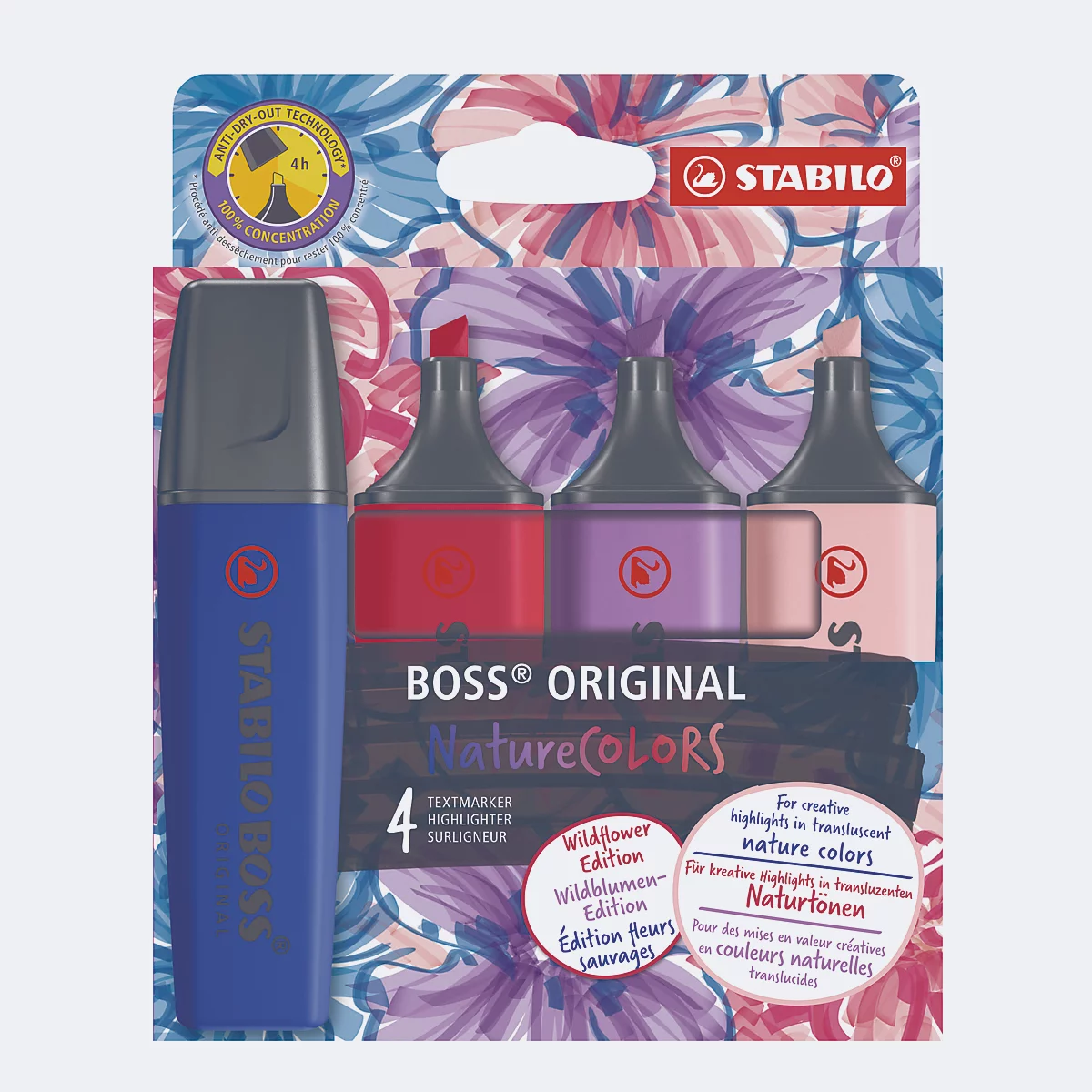 Packung STABILO Textmarker in Naturfarben. Ein Stift und drei Marker in Rot, Lila und Rosa vor floralem Hintergrund.
