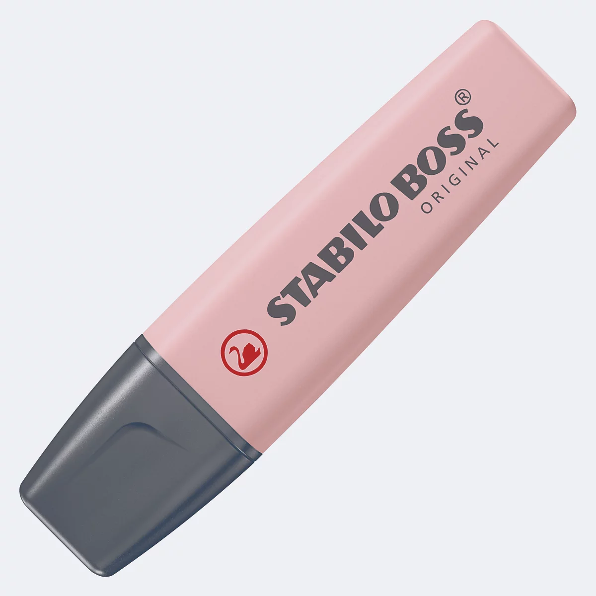 Hellrosa Textmarker von Stabilo Boss. Schwarze Schrift: STABILO BOSS ORIGINAL, sowie ein rotes Logo.