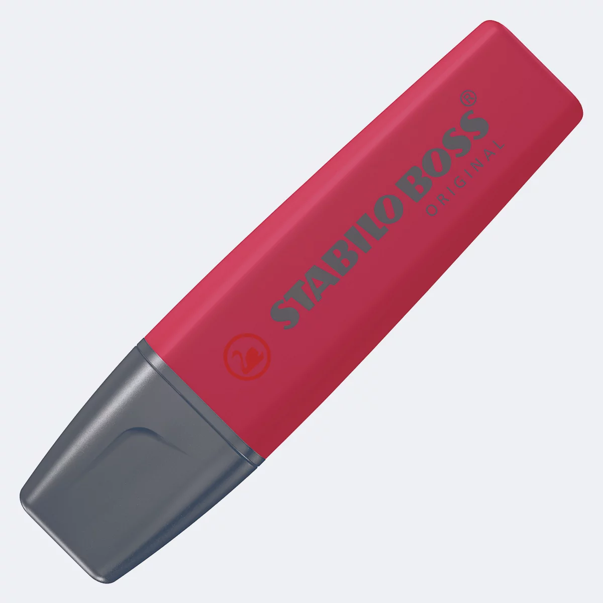 Ein roter Textmarker von Stabilo Boss. Schwarze Spitze. Aufdruck: Stabilo Boss.