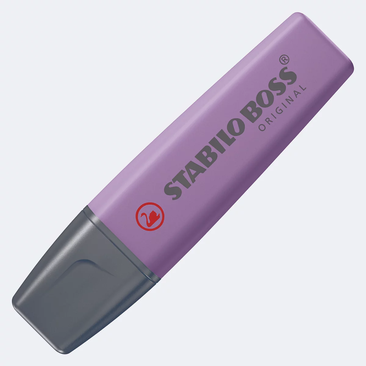 Ein lila Textmarker mit schwarzer Spitze. Aufschrift: STABILO BOSS ORIGINAL. Roten Schwan.