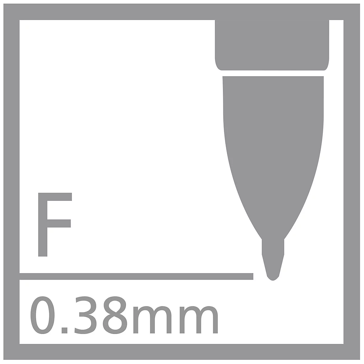Graues Quadrat mit Stiftspitze-Symbol, Buchstabe F und '0.38mm' Schrift.