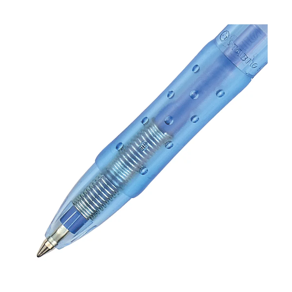 Nahaufnahme eines blauen Kugelschreibers. Der Schaft ist durchsichtig, die Feder aus Metall.