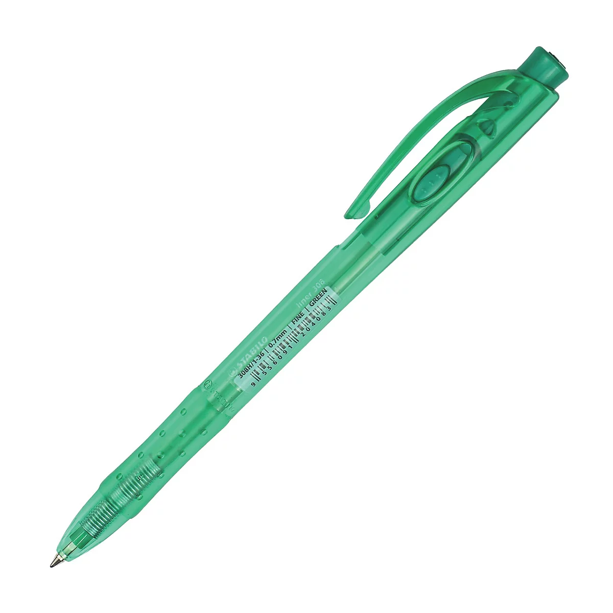 Ein grüner Kugelschreiber, transparent, mit Clip und Schriftzug.
