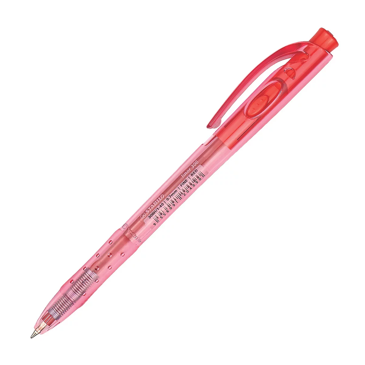 Roter Kugelschreiber, teildurchsichtig, mit Clip. Markenschriftzug auf dem Schaft.