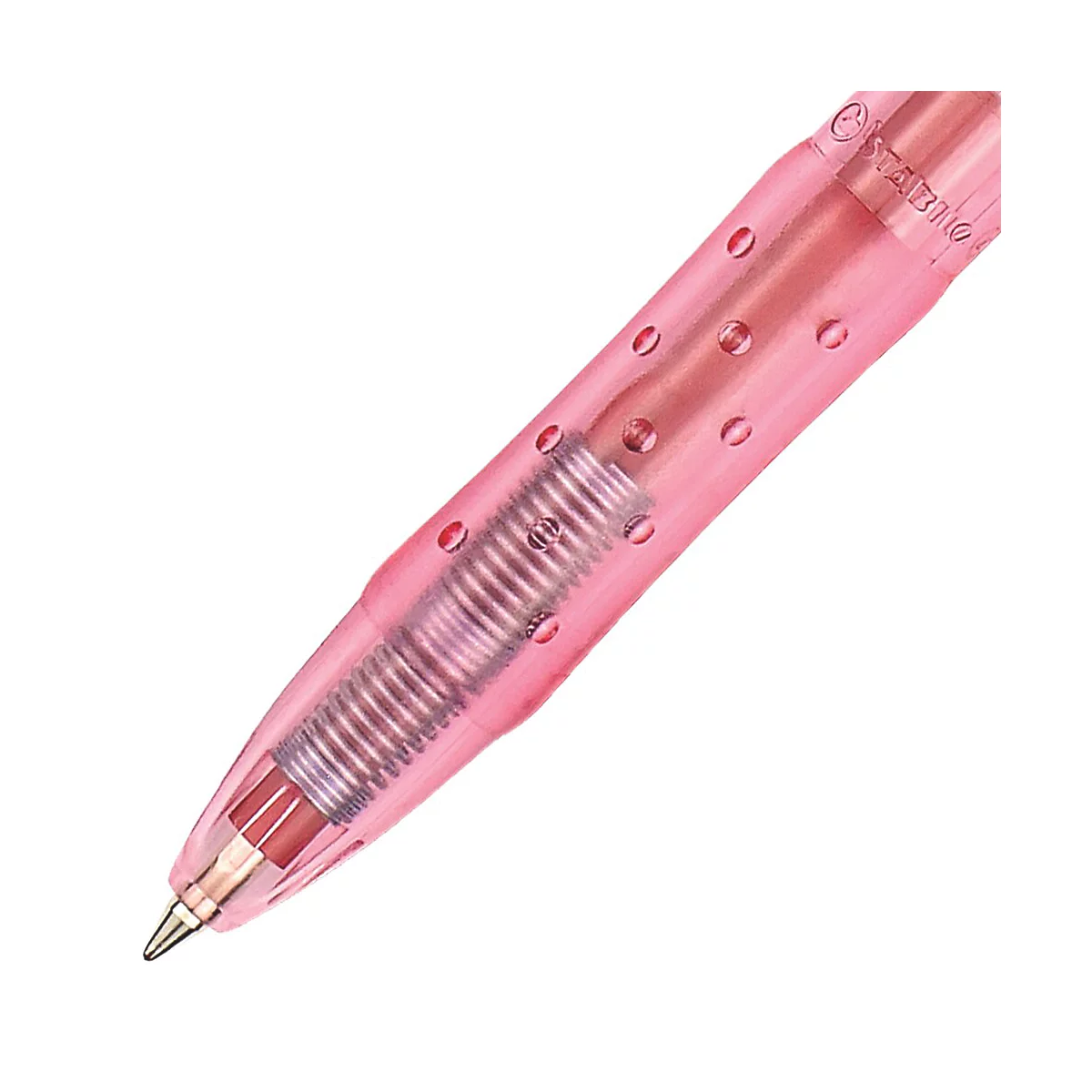 Nahaufnahme eines rosafarbenen Stiftes, bei dem die Mechanik durch das transparente Gehäuse sichtbar ist. Der Stift ist von der Marke Stabilo.
