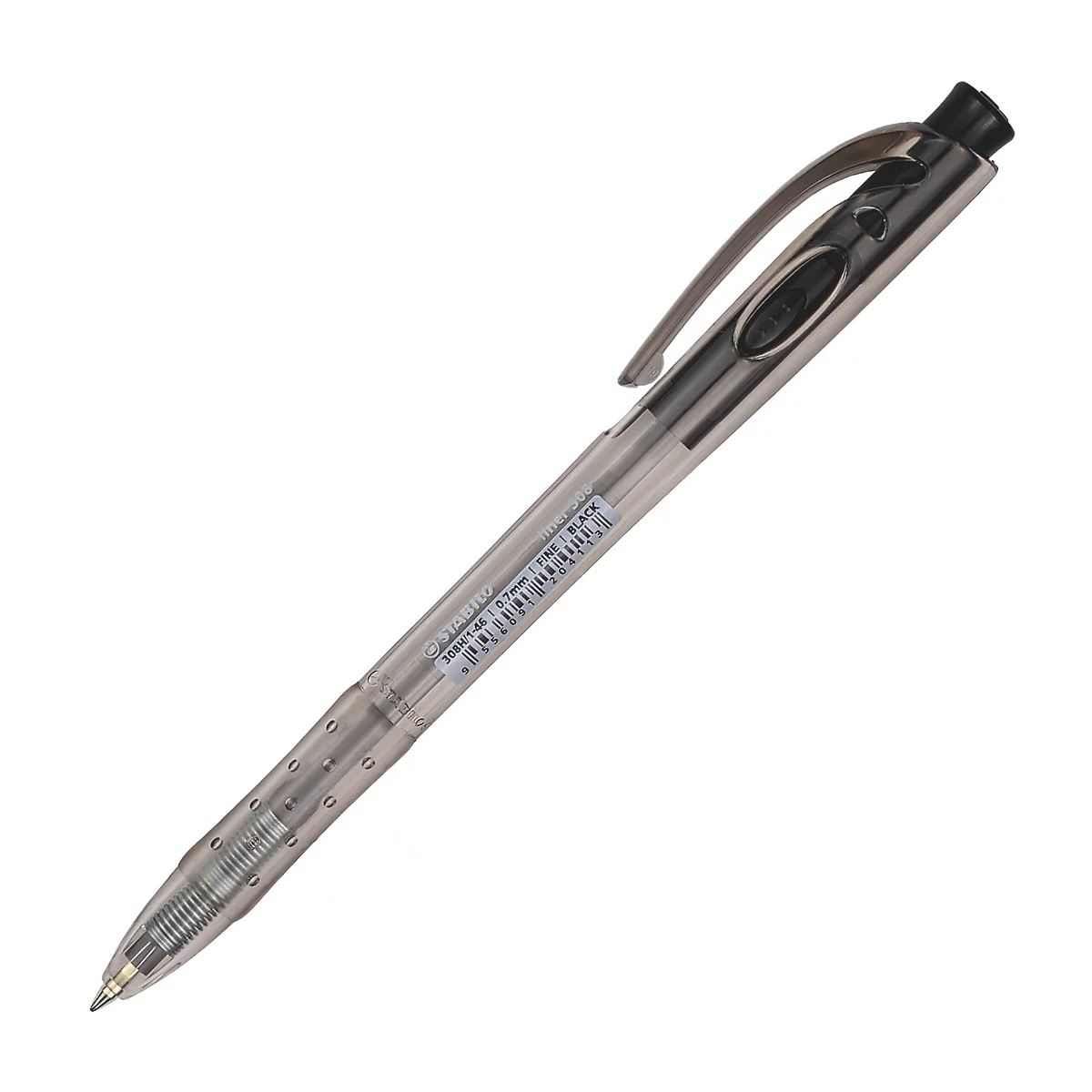 Durchsichtiger Kugelschreiber, mit schwarzer Mine und silberfarbenem Clip, liegt diagonal auf weißem Hintergrund.
