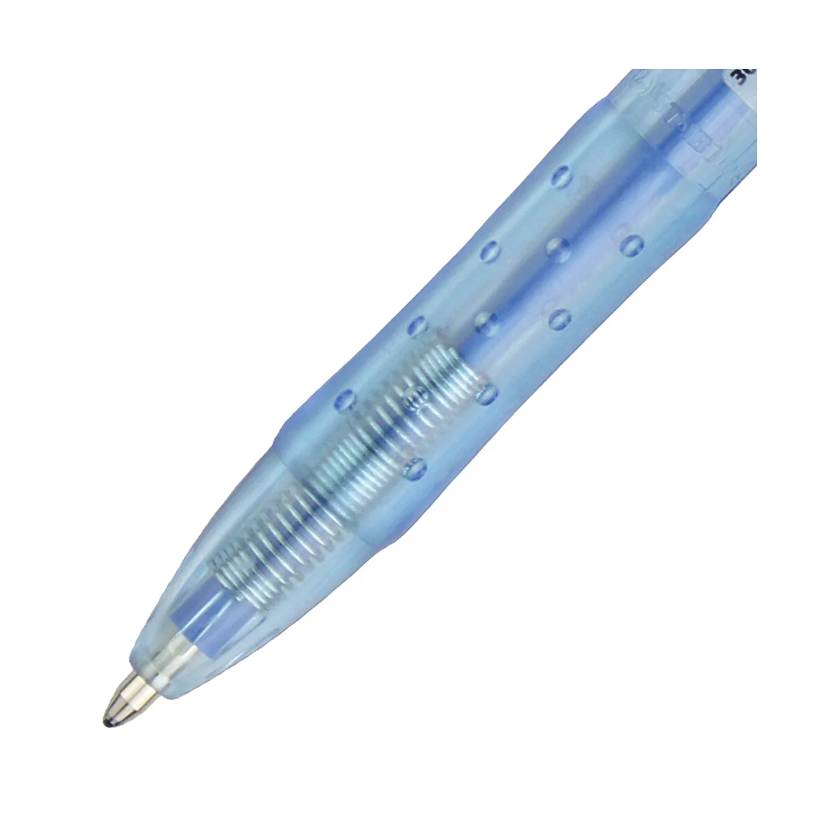 Nahaufnahme eines blauen Kugelschreibers. Der transparente Schaft zeigt die Feder und die Mine.