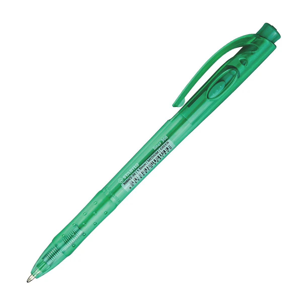 Grüner Kugelschreiber, diagonal auf weißem Grund. Stift mit Clip und Textetikett. Transparentes Gehäuse.