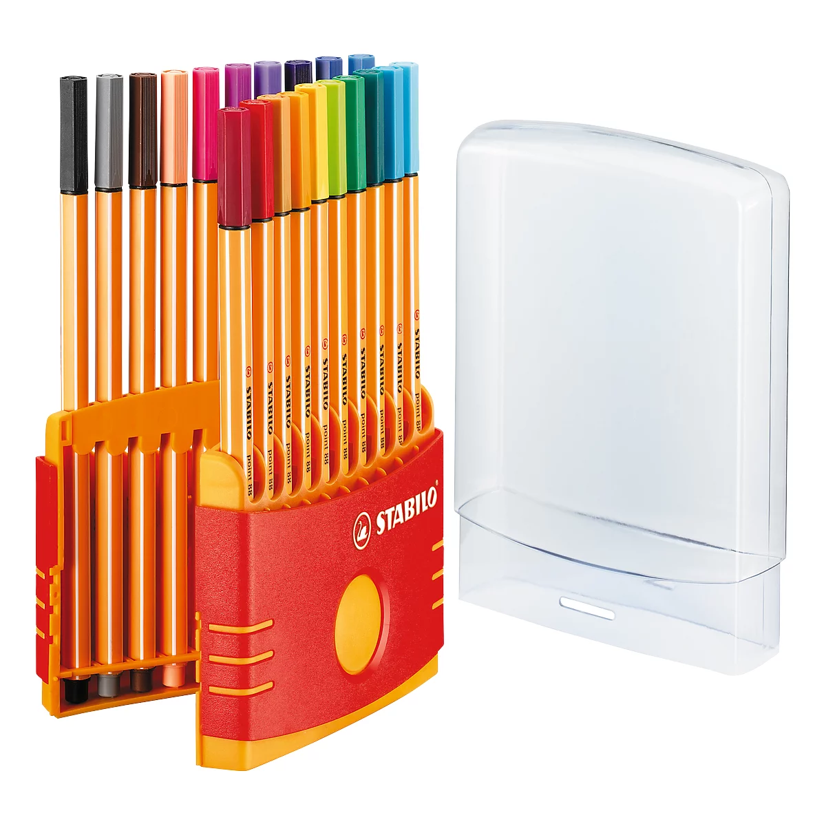 Ein Set bunter Filzstifte in orangefarbener Halterung. Daneben eine transparente Kunststoffbox.