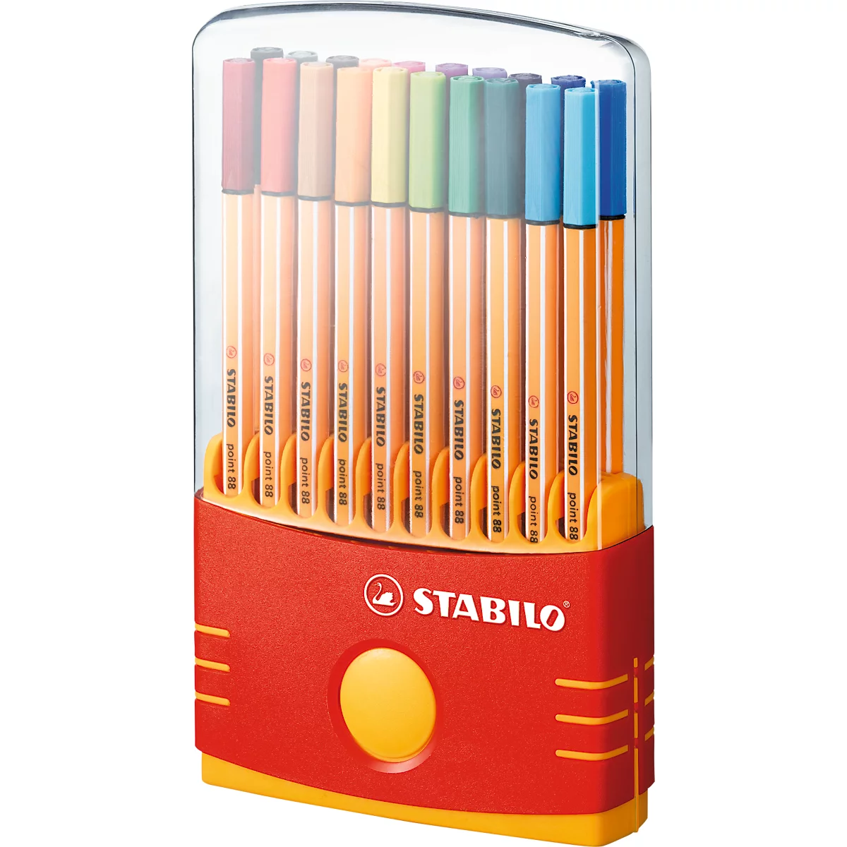 Stifte in Etui, bunte Filzstifte. Rot, Orange, Gelb, Grün, Blau. "Stabilo" Schriftzug.