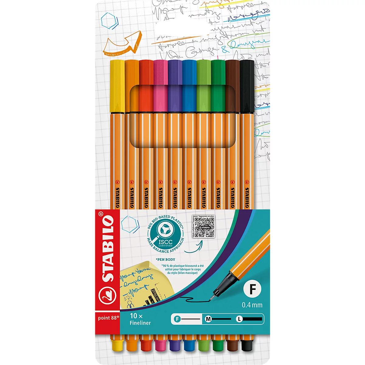 A pack of Stabilo fineliners in various colors, with a detailed product image, on a checkered paper background.