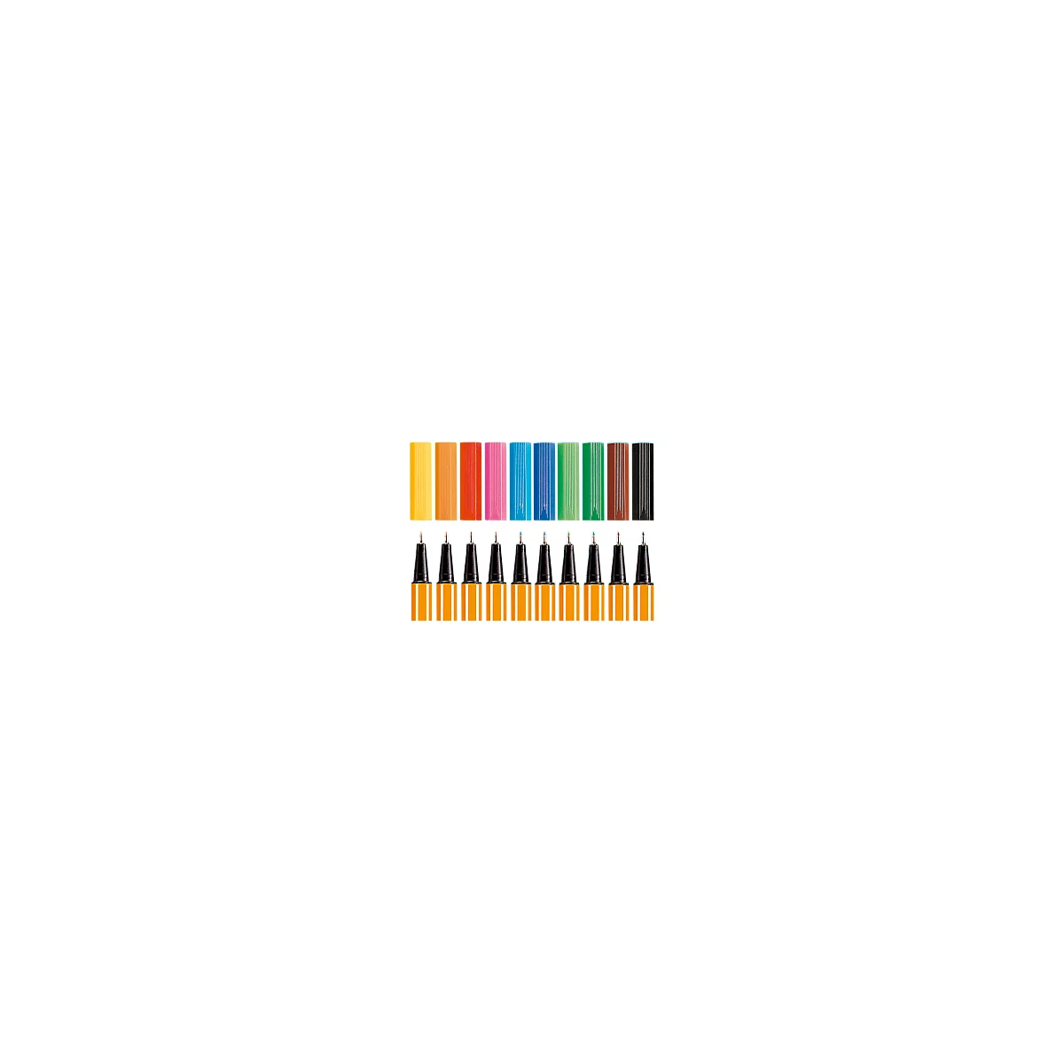 Row of pens with colorful caps including yellow, orange, red, pink, blue, green, and brown. Black tips.