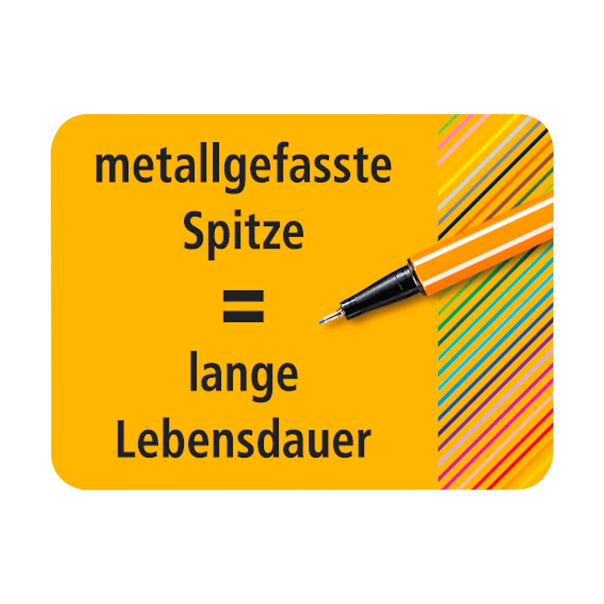 On a yellow background: "metal-clad tip = long lifespan". On the right is an orange and black fineliner.